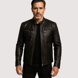 Giacca Biker Uomo Effetto Pelle con Collo Alto e Zip