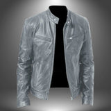 Giacca Uomo Stile Biker Effetto Pelle con Collo Alto e Zip
