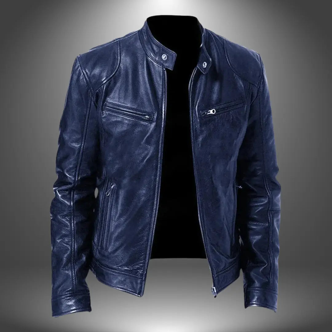 Giacca Uomo Stile Biker Effetto Pelle con Collo Alto e Zip