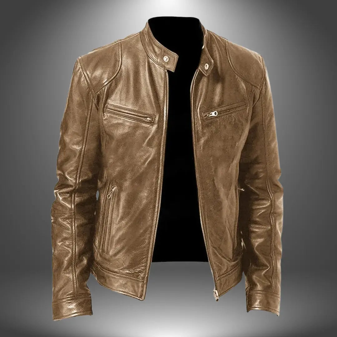 Giacca Uomo Stile Biker Effetto Pelle con Collo Alto e Zip