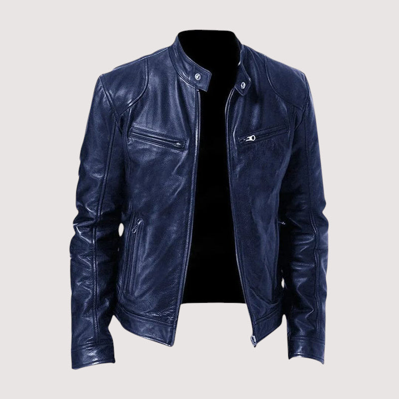 Giacca Biker Uomo Effetto Pelle con Collo Alto e Zip